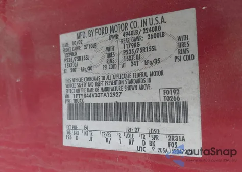 2003 Ford Ranger Edge/Tremor/Xlt из США, поврежденный, VIN 1FTYR44V33TA12927